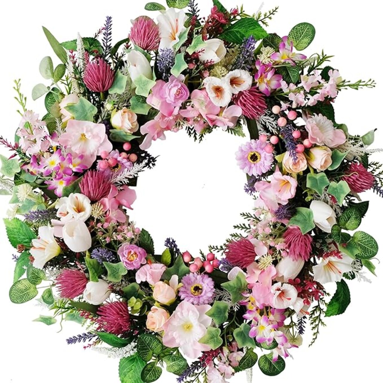 22 Inch Spring Summer Everyday Wreath for Front Door, Wild Flowers Lavender Tulips Daisy Pink Purple Wreath for Indoor Outdoor, Rustic Farmhouse Wedding Decoration Wreath